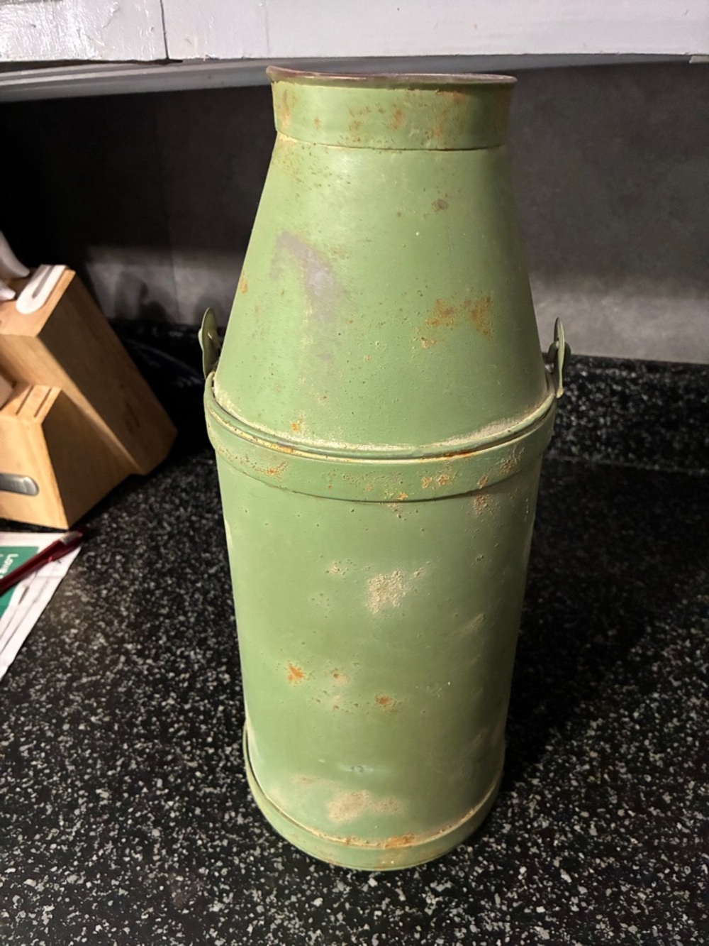 Vintage Green Metal Canister with Rustic French Emblem 13.5” x 5” - Picture 5 of 9